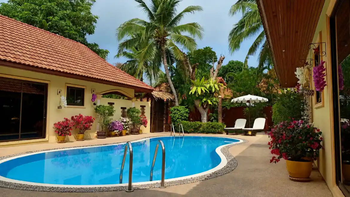 The Coconuts Villa pool view from bedroom
