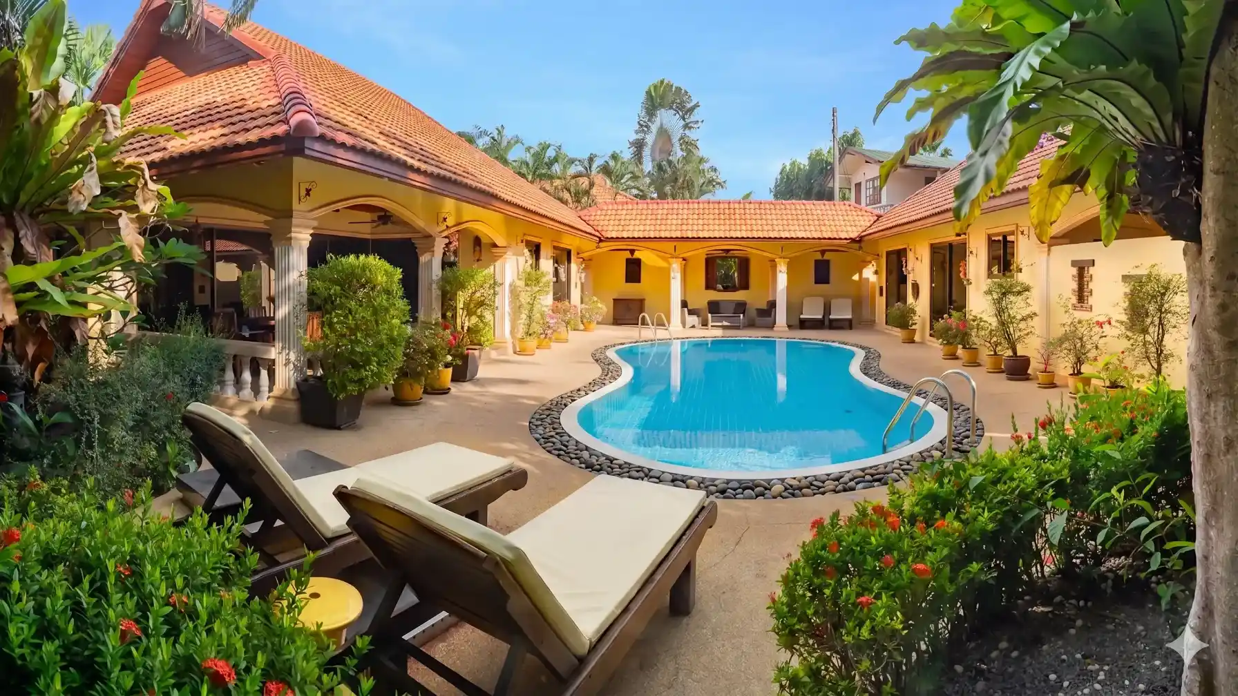 The Coconuts Villa pool with outdoor dining