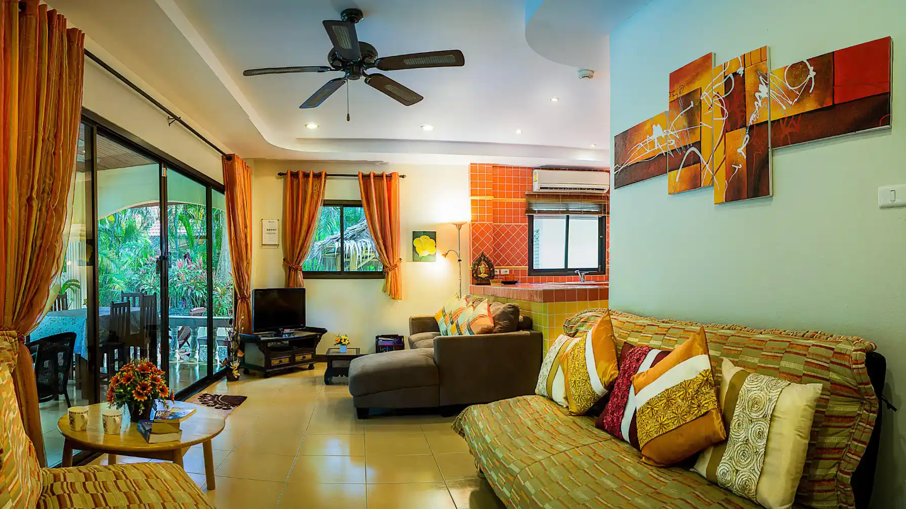 Lakeside Villa living room at dusk